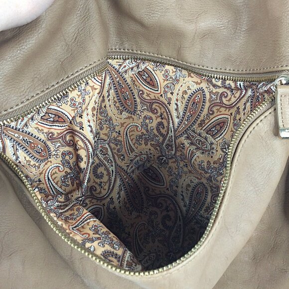 Big Buddha Fringe Shoulder Bag Carmel Brown Faux Leather Gold Bead Stud Accents - Picture 6 of 9